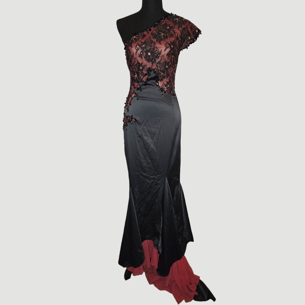 Deadstock Mandalay Black and Red Beaded One-Shoulder Dress!